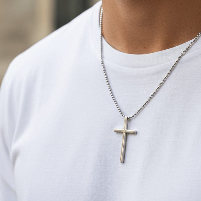 Man Faith: srebrny naszyjnik dla mężczyzn z krzyżykiem - Pearlippines Biżuteria