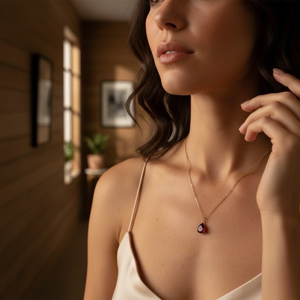 Ruby Drop: złoty naszyjnik z kroplą w odcieniu rubinu - Pearlippines Biżuteria
